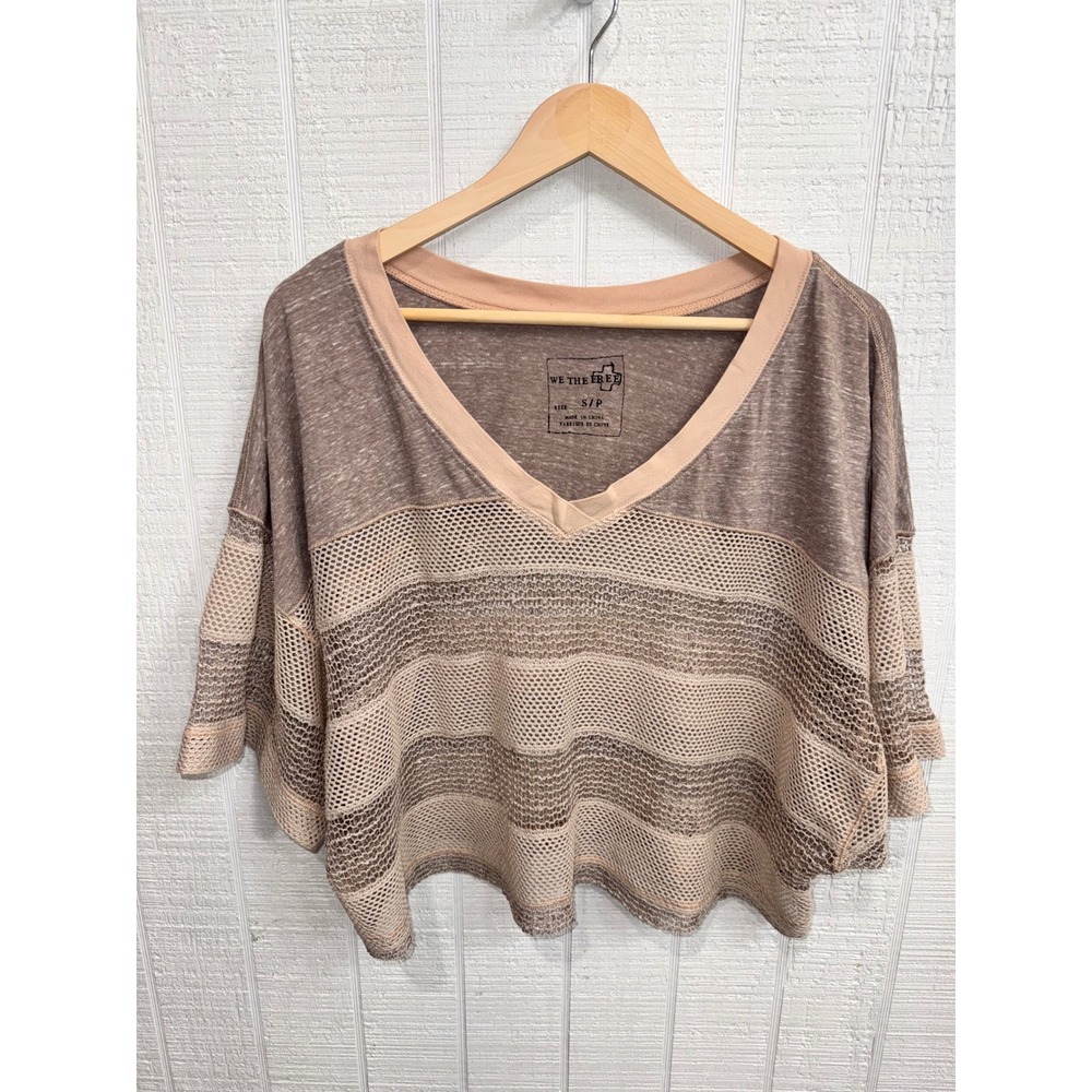 We The Free Free People Top Womens Taupe Mesh Mixed Media Striped Crop Small